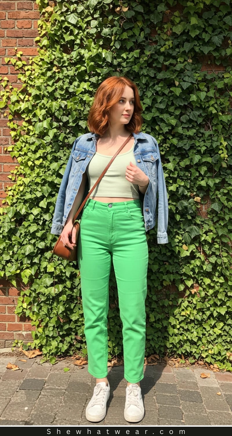 Bright Green Straight Leg Jeans With Denim Jacket, Brown Crossbody Bag Bright Green Straight Leg Jeans With Denim Jacket, Brown Crossbody Bag — Green Jeans Outfits