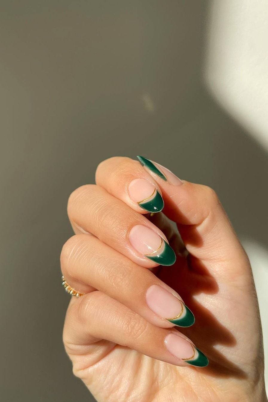 Deep Green Gold Line French Almond Nails Deep Green Gold Line French Almond Nails — Green Nails