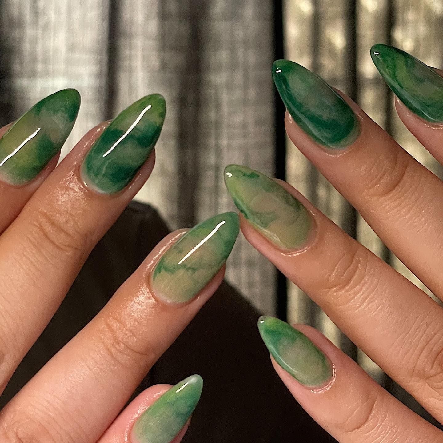 Translucent Green Jade Marbled Long Almond Nails Translucent Green Jade Marbled Long Almond Nails — Green Nails