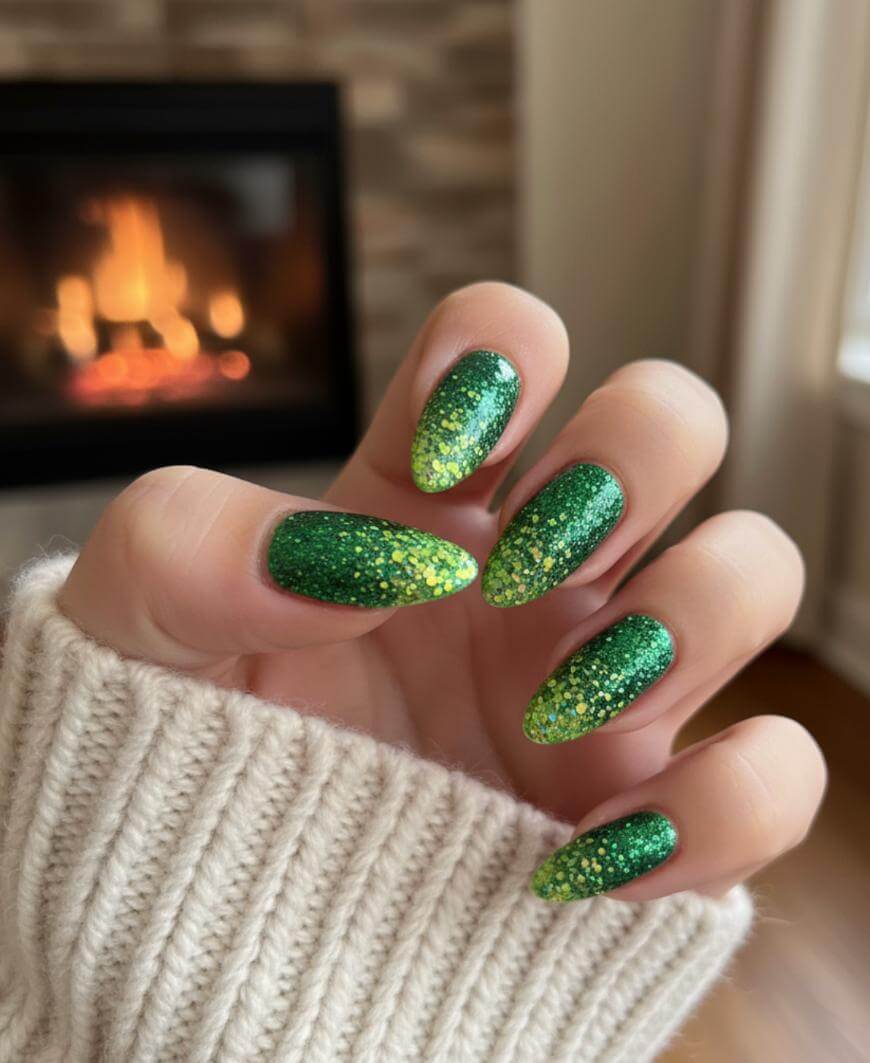 Green Yellow Glitter Gradient Medium Almond Nails Green Yellow Glitter Gradient Medium Almond Nails — Green Nails