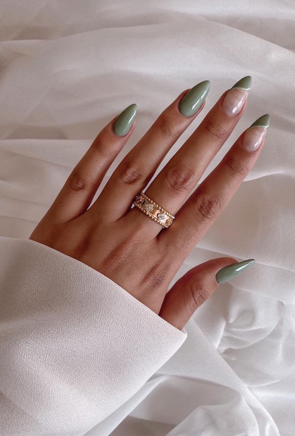 Sage Green French Tip Medium Almond Nails Sage Green French Tip Medium Almond Nails — Green Nails
