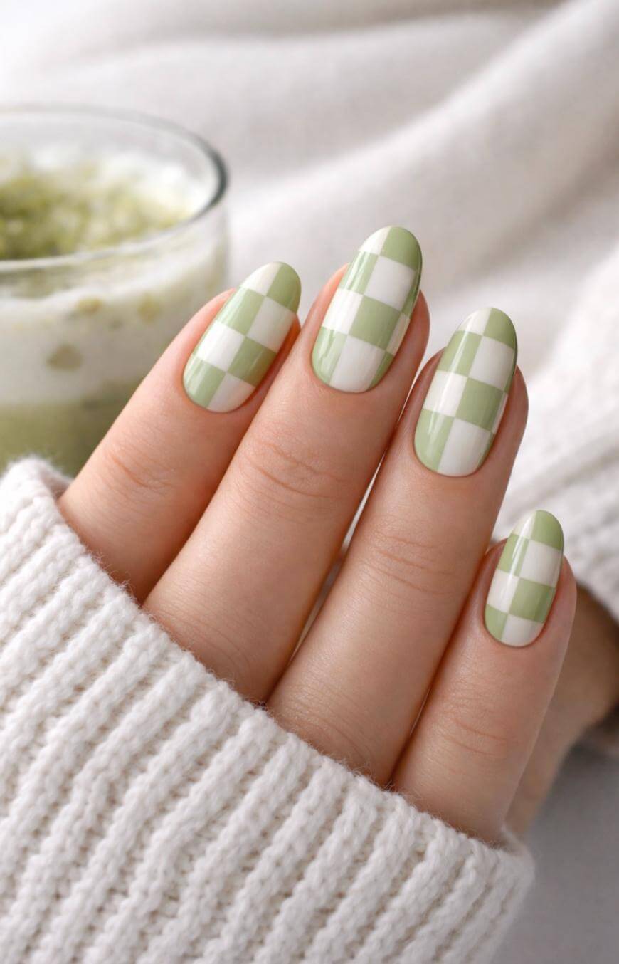 Light Green White Checkerboard Medium Almond Nails Light Green White Checkerboard Medium Almond Nails — Green Nails