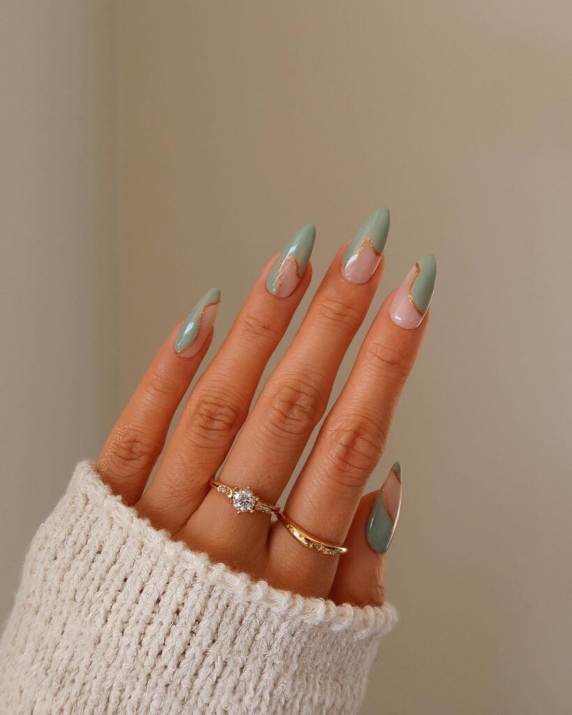 Sage Green Pale Pink Gold Line Almond Nails Sage Green Pale Pink Gold Line Almond Nails — Green Nails