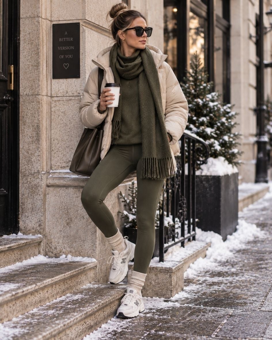 Olive green sweater and leggings for winter casual Olive green sweater and leggings for winter casual — Green Outfits