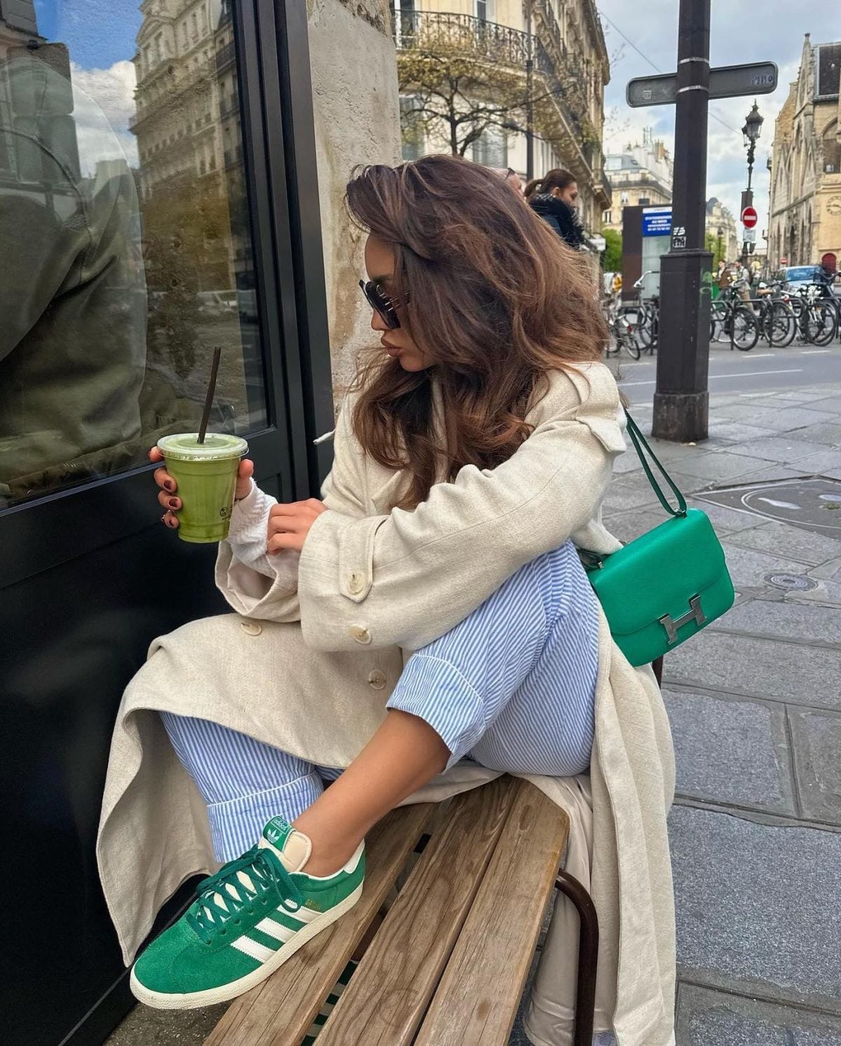 Bright green sneakers in a casual layered outfit Bright green sneakers in a casual layered outfit — Green Outfits