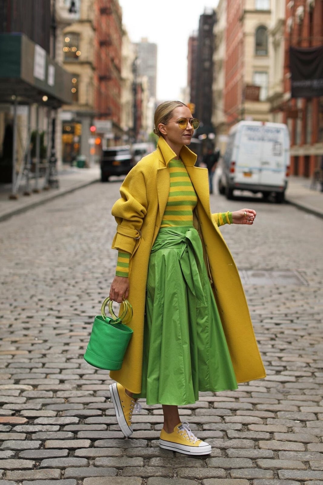 Lime green midi skirt with yellow coat Lime green midi skirt with yellow coat — Green Outfits