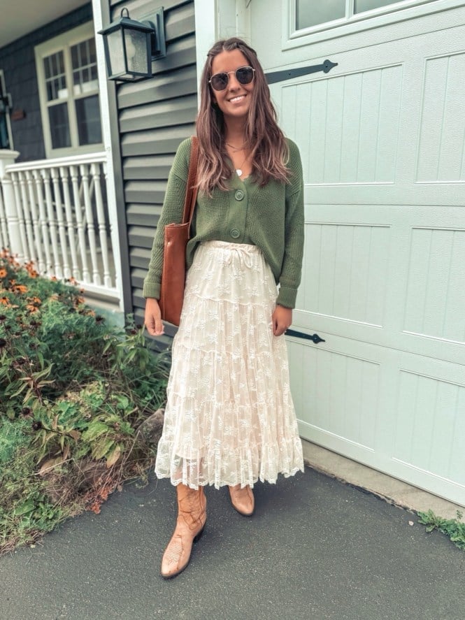 Olive green cardigan with lace maxi skirt Olive green cardigan with lace maxi skirt — Green Outfits