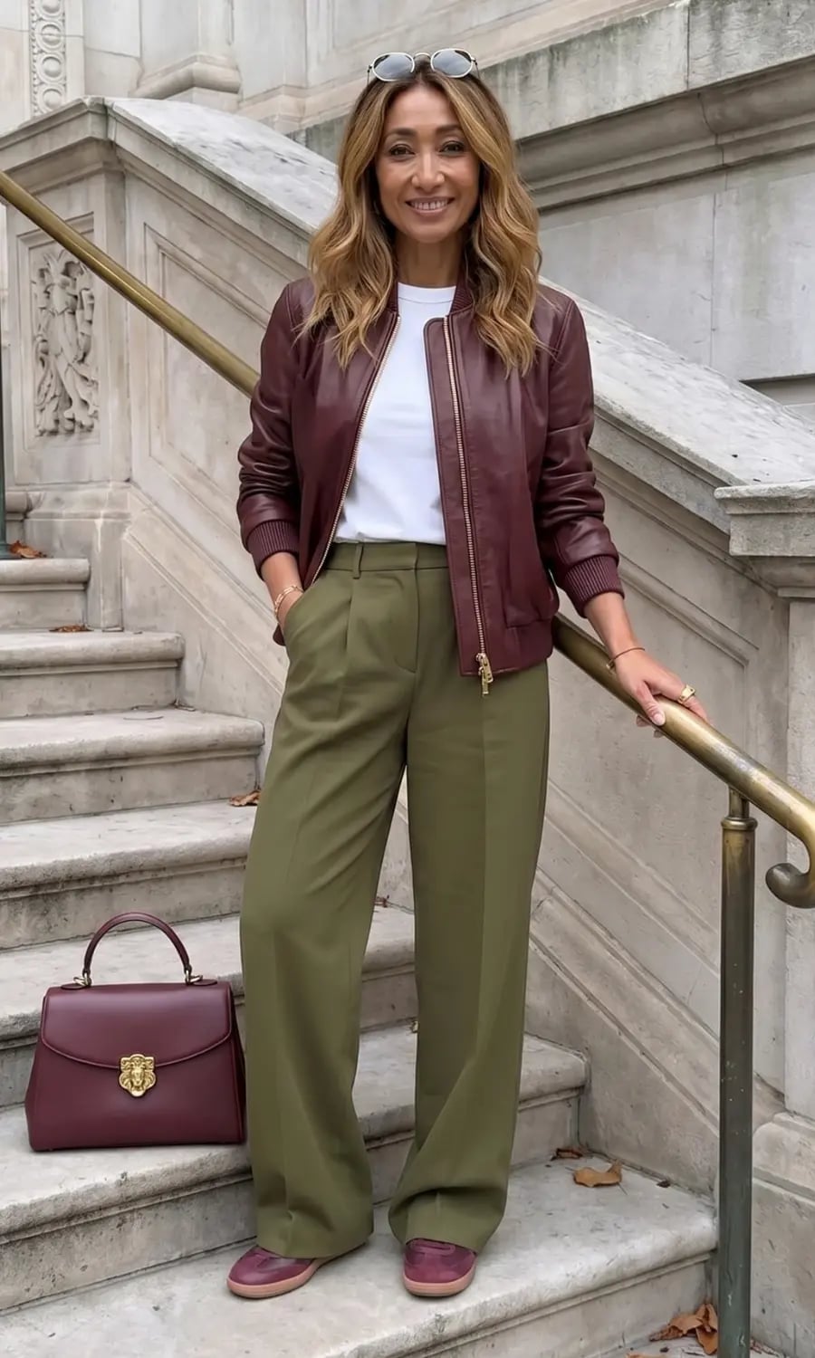 Olive green wide-leg trousers with leather jacket Olive green wide-leg trousers with leather jacket — Green Outfits