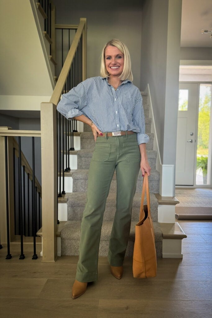 Olive green wide leg pants with a striped button-down shirt Olive green wide leg pants with a striped button-down shirt — Green Pants Outfits