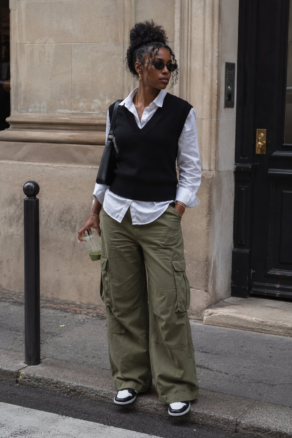 Oversized olive green cargo pants with a white shirt and vest Oversized olive green cargo pants with a white shirt and vest — Green Pants Outfits