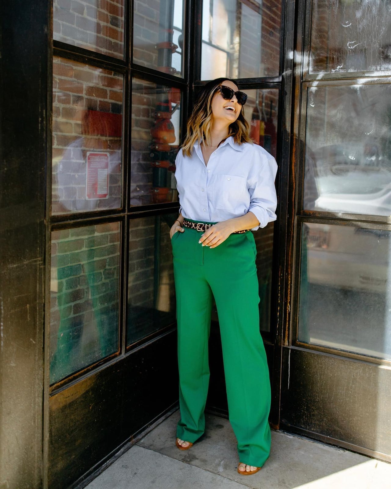 Bright green wide leg trousers with a blue button-down shirt Bright green wide leg trousers with a blue button-down shirt — Green Pants Outfits