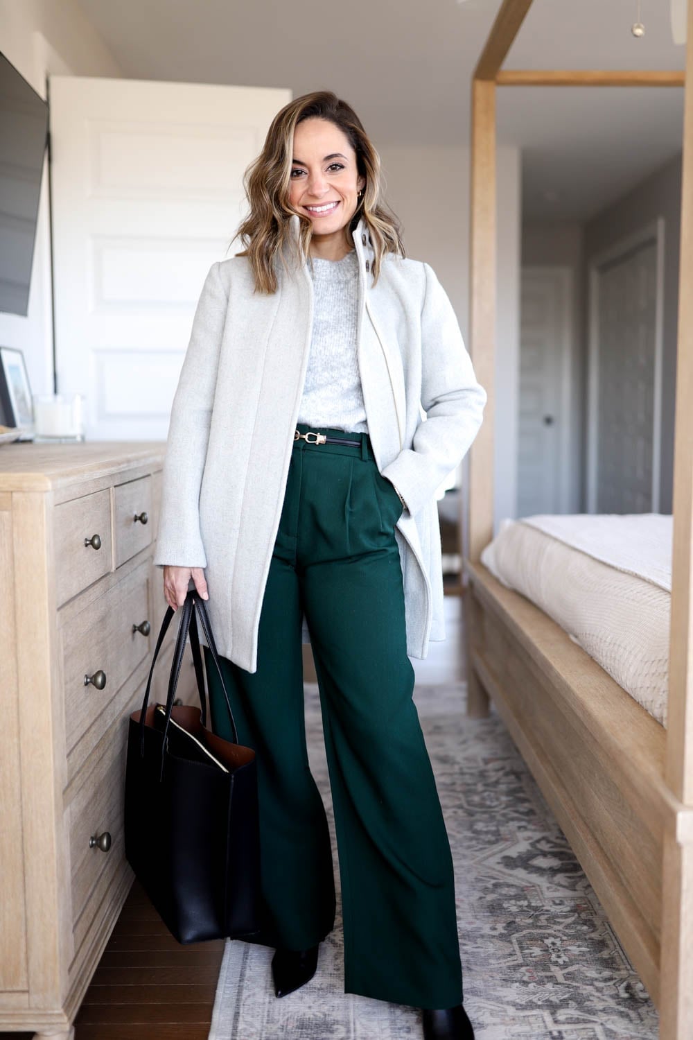 Dark green wide leg trousers with a gray knit sweater, Wool Blend Dark green wide leg trousers with a gray knit sweater, Wool Blend — Green Pants Outfits