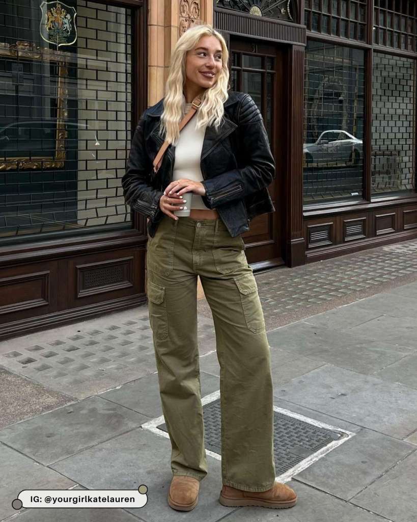 Olive green cargo pants with a white tank and leather jacket Olive green cargo pants with a white tank and leather jacket — Green Pants Outfits