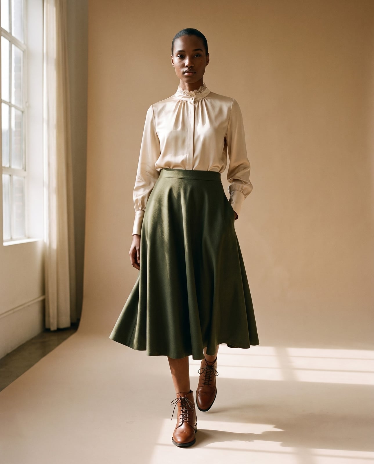 Olive Green Midi Skirt With Cream Blouse Olive Green Midi Skirt With Cream Blouse — Green Skirt Outfit