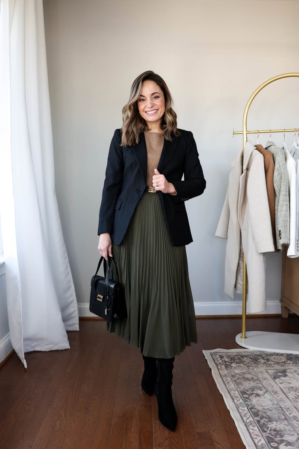 Olive Green Pleated Midi Skirt Workwear Olive Green Pleated Midi Skirt Workwear — Green Skirt Outfit
