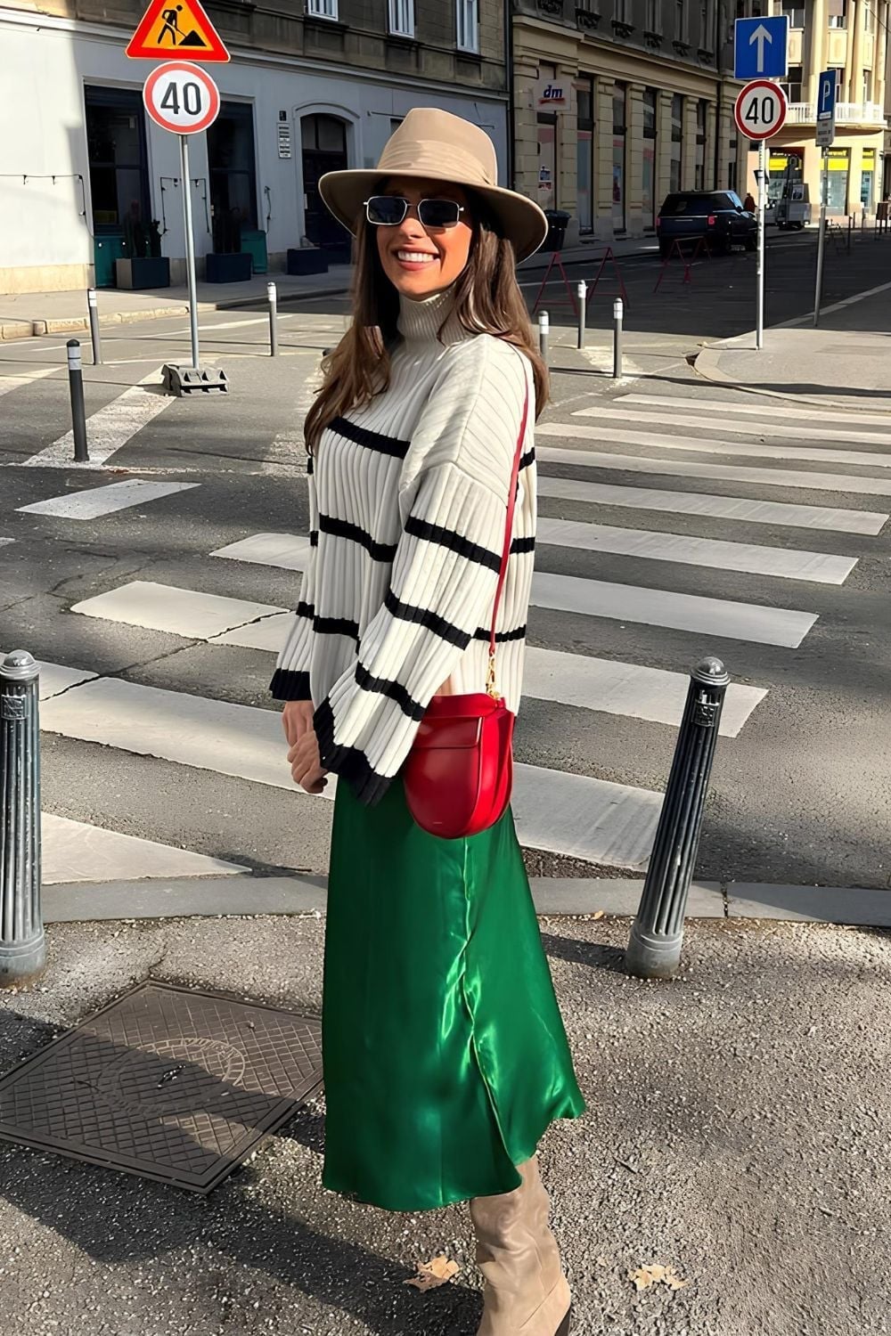 Emerald Green Satin Midi Skirt With Striped Sweater Emerald Green Satin Midi Skirt With Striped Sweater — Green Skirt Outfit