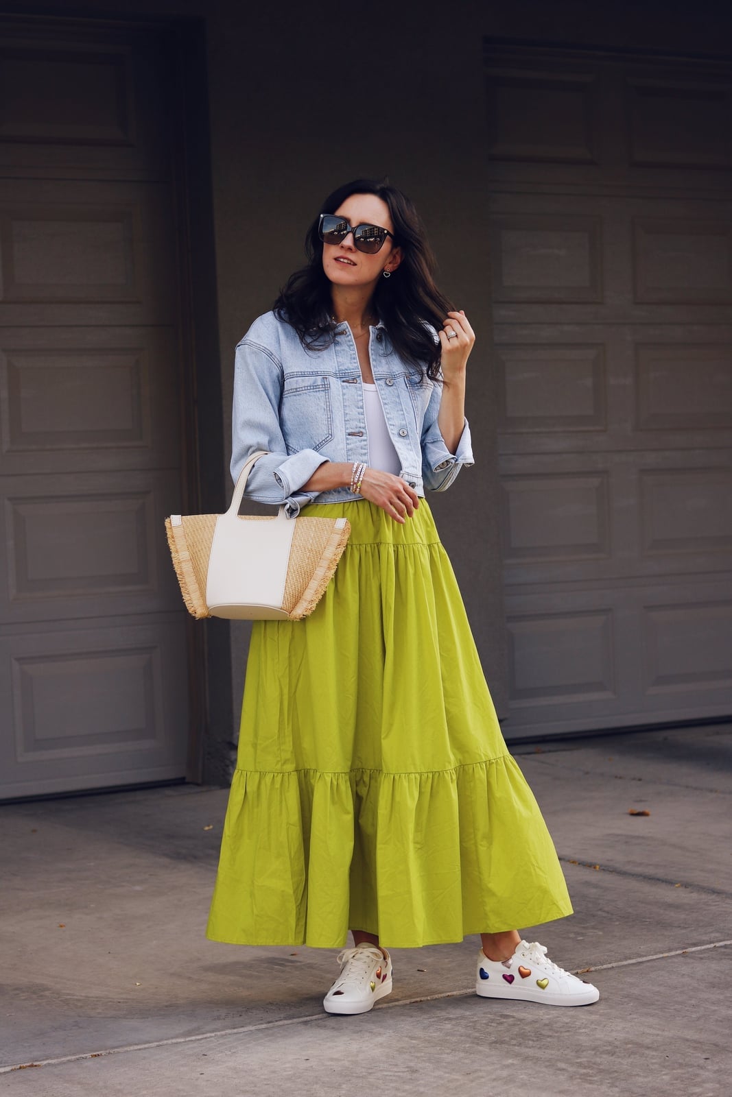 Lime Green Tiered Maxi Skirt With Denim Jacket Lime Green Tiered Maxi Skirt With Denim Jacket — Green Skirt Outfit