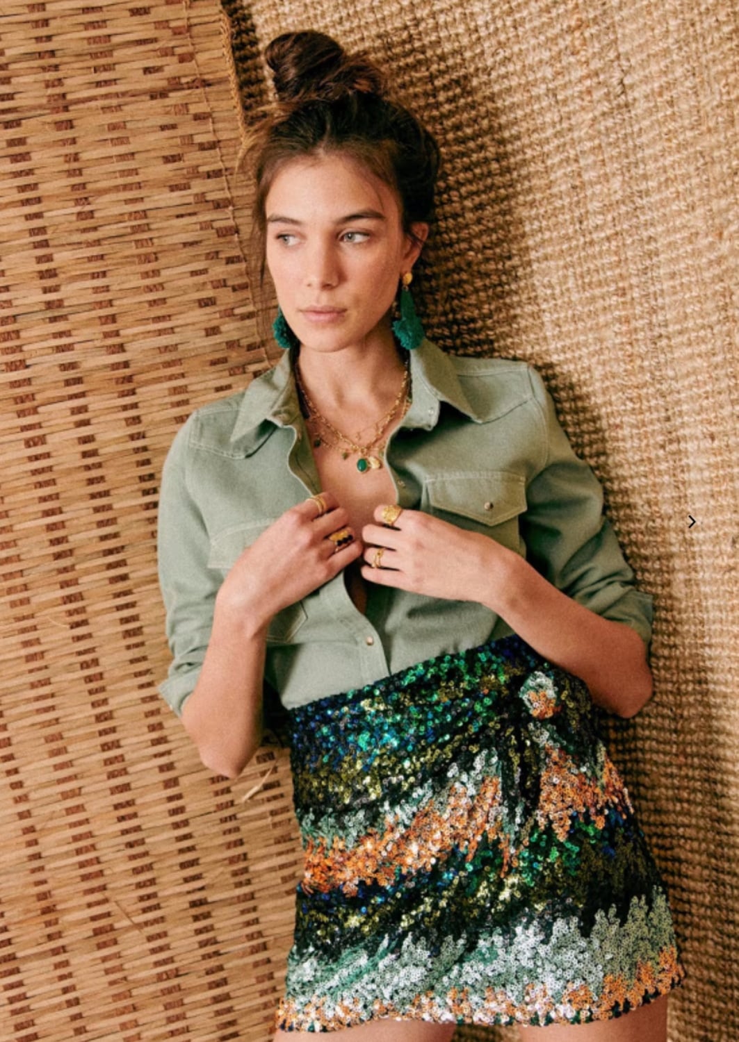 Green Sequin Mini Skirt With Collared Shirt, Tassel Earrings Green Sequin Mini Skirt With Collared Shirt, Tassel Earrings — Green Skirt Outfit