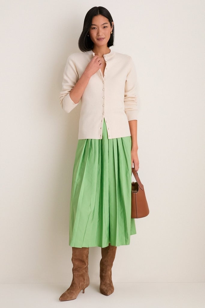 Pistachio Pleated Midi Skirt With Cardigan, Brown Suede Heeled Boots Pistachio Pleated Midi Skirt With Cardigan, Brown Suede Heeled Boots — Green Skirt Outfit