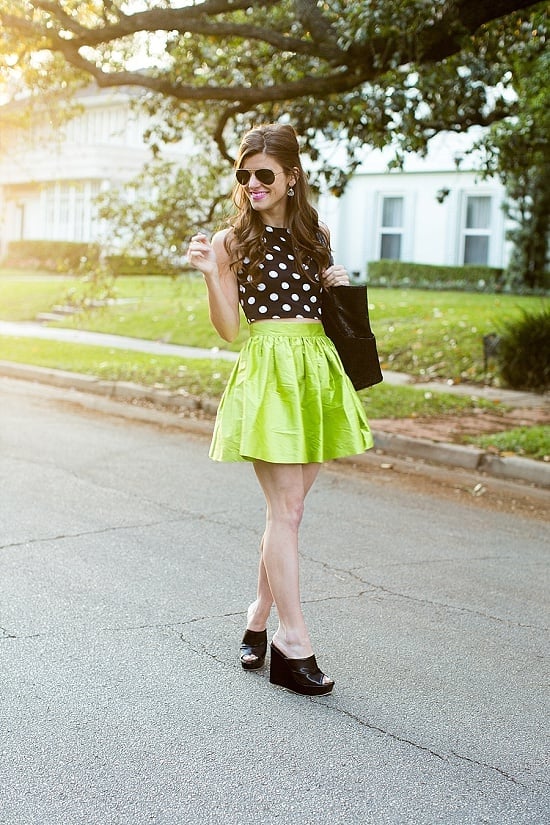 Lime Green A-Line Mini Skirt With Polka Dot Top, Black Wedge Mules Lime Green A-Line Mini Skirt With Polka Dot Top, Black Wedge Mules — Green Skirt Outfit