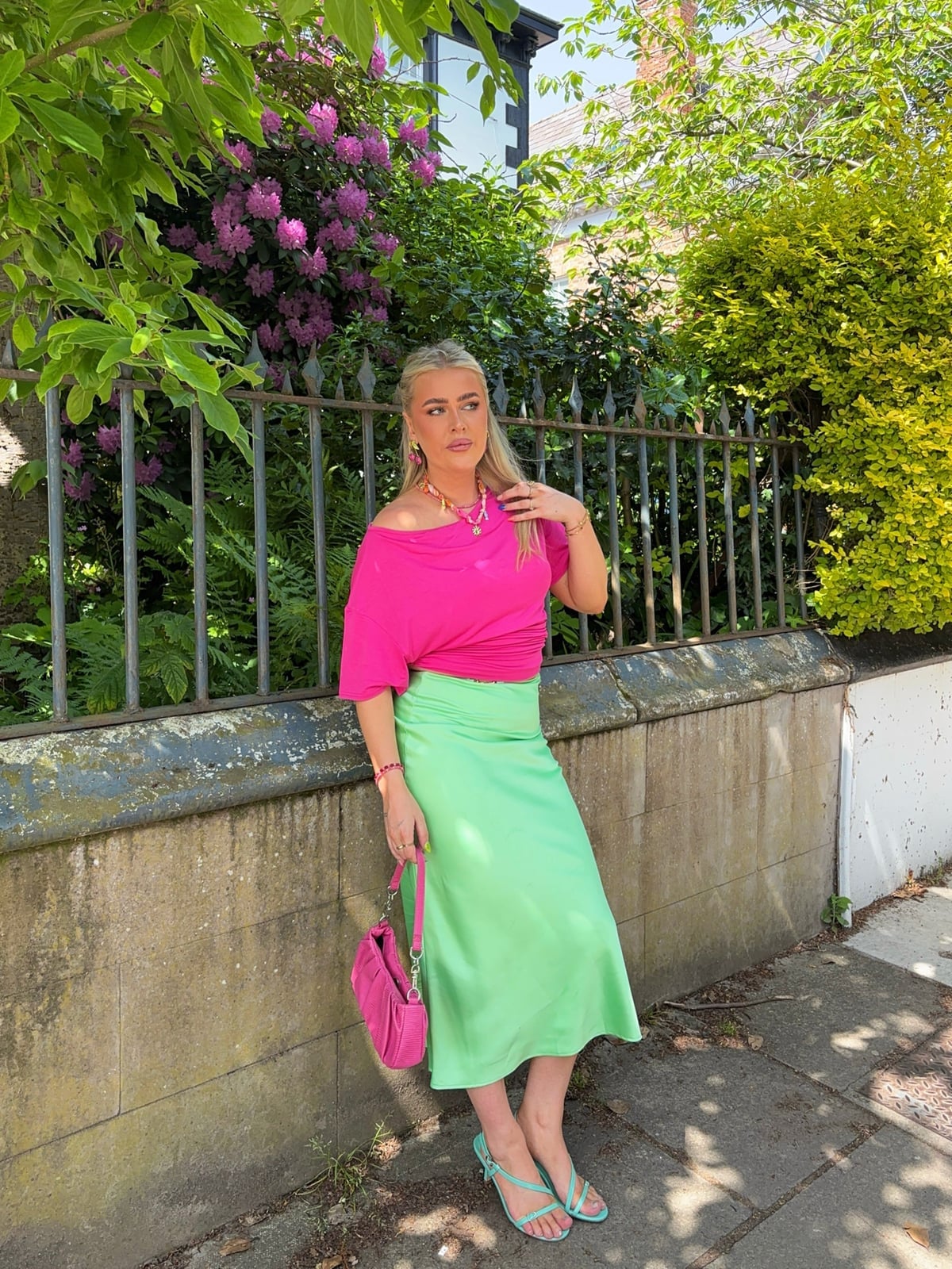 Lime Green Satin Slip Skirt With Pink Top Lime Green Satin Slip Skirt With Pink Top — Green Skirt Outfit