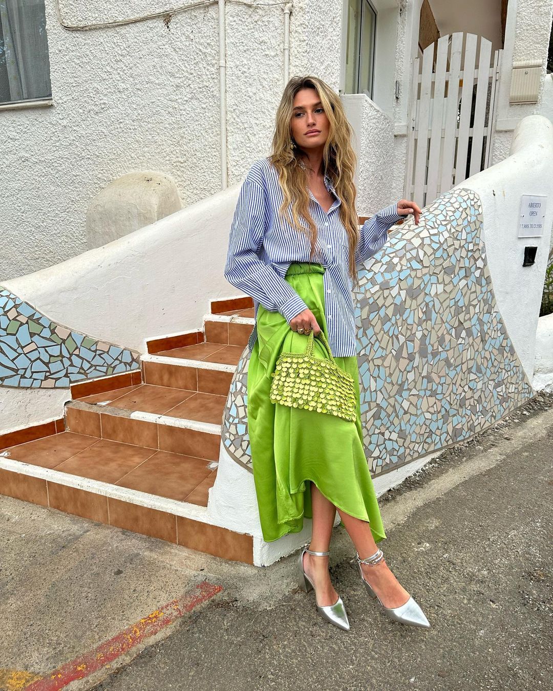 Lime Green Satin Slip Skirt With Striped Shirt Lime Green Satin Slip Skirt With Striped Shirt — Green Skirt Outfit