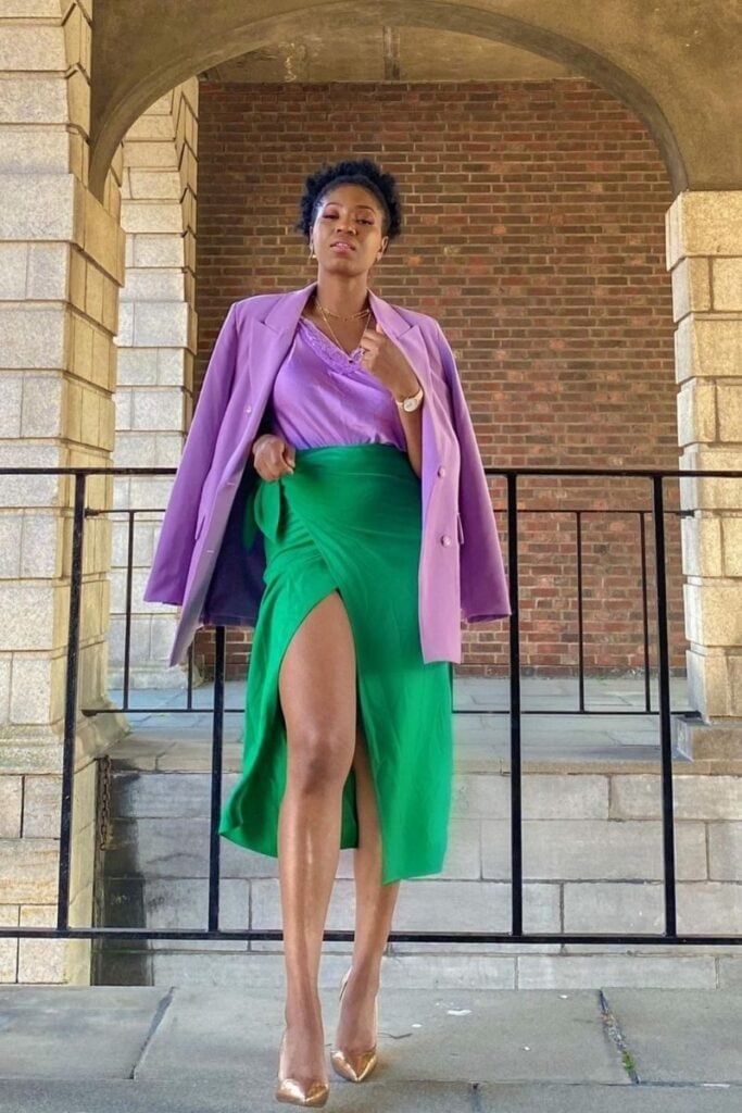 Emerald Green Wrap Skirt With Lilac Blazer Emerald Green Wrap Skirt With Lilac Blazer — Green Skirt Outfit