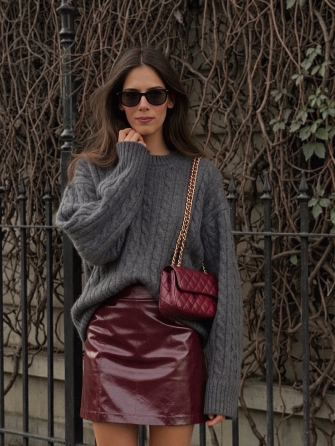Grey Cable Knit Sweater And Burgundy Leather Mini Skirt