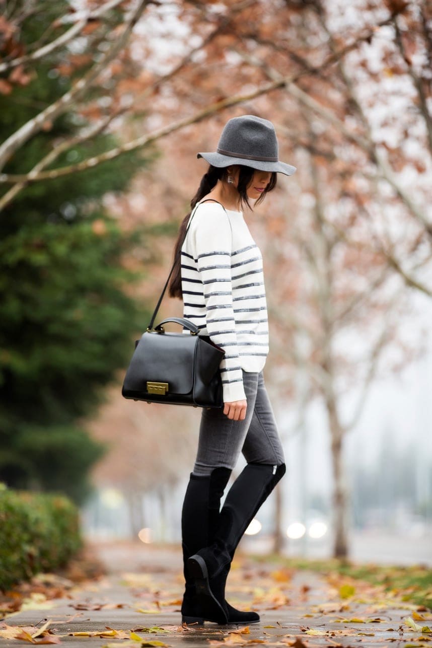 Gray Skinny Jeans With Striped Sweater Black Coat And Fedora Gray Skinny Jeans With Striped Sweater Black Coat And Fedora — Grey Jeans Outfits