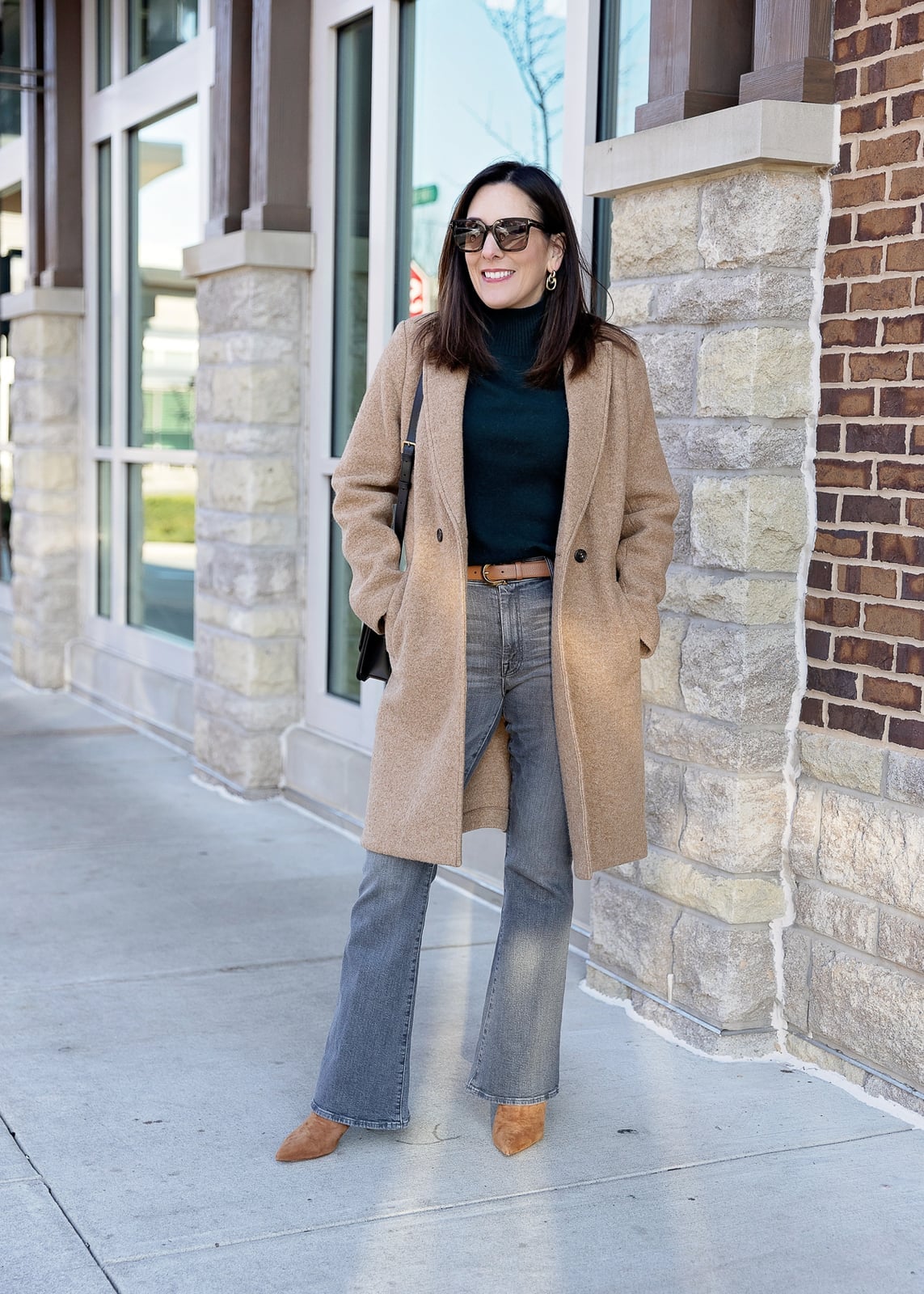Gray Flare Jeans With Green Turtleneck Beige Coat And Tan Boots Gray Flare Jeans With Green Turtleneck Beige Coat And Tan Boots — Grey Jeans Outfits