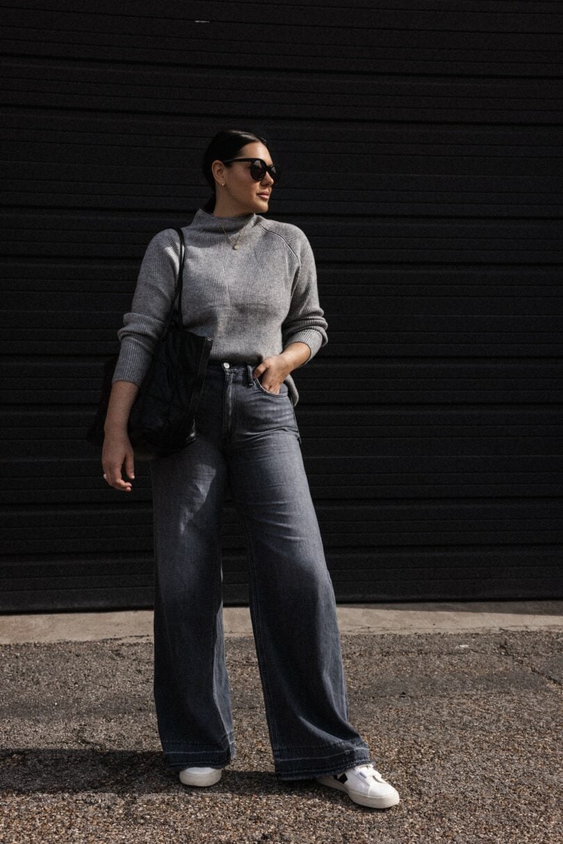 Dark Gray Wide Leg Jeans With Gray Turtleneck And White Sneakers Dark Gray Wide Leg Jeans With Gray Turtleneck And White Sneakers — Grey Jeans Outfits
