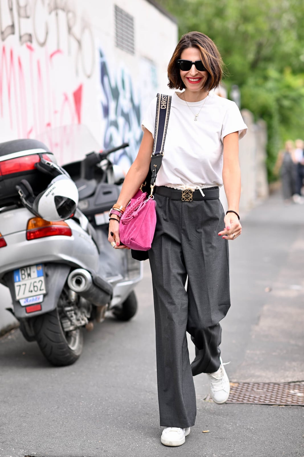 Pinstripe Trousers With White Tee and Pink Bag Pinstripe Trousers With White Tee and Pink Bag — Grey Pants Outfits