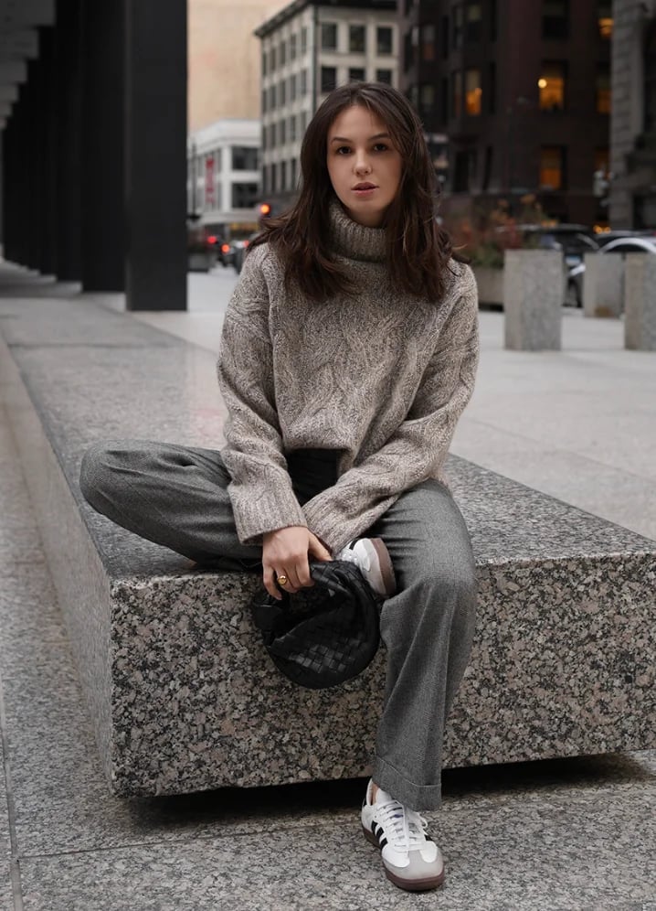 Gray Straight Leg Trousers With Cable Knit Sweater Gray Straight Leg Trousers With Cable Knit Sweater — Grey Pants Outfits