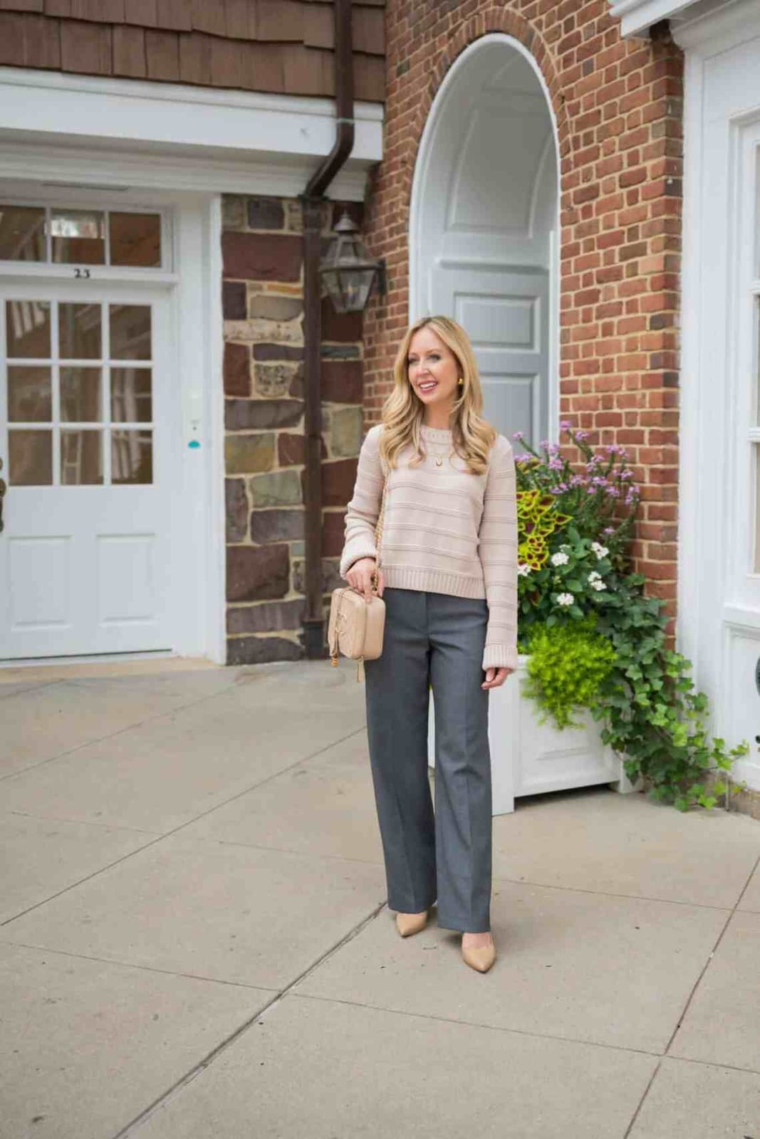 Gray Wide Leg Trousers With Striped Sweater, Pointed Toe Pumps In Nude Gray Wide Leg Trousers With Striped Sweater, Pointed Toe Pumps In Nude — Grey Pants Outfits