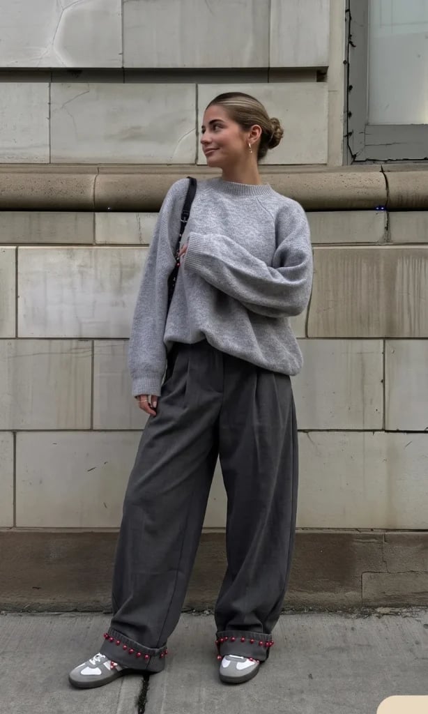 Oversized Gray Sweater With Gray Wide Leg Trousers, Knit Fabric Oversized Gray Sweater With Gray Wide Leg Trousers, Knit Fabric — Grey Pants Outfits