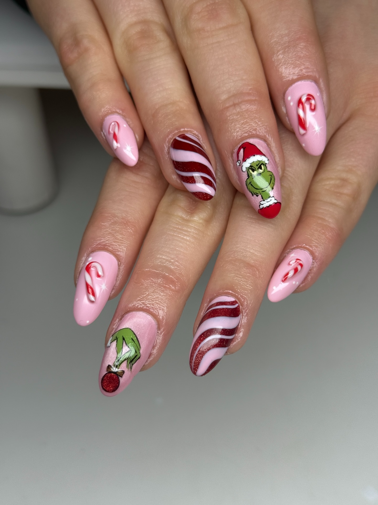Grinch Candy Cane Christmas Almond Nails
