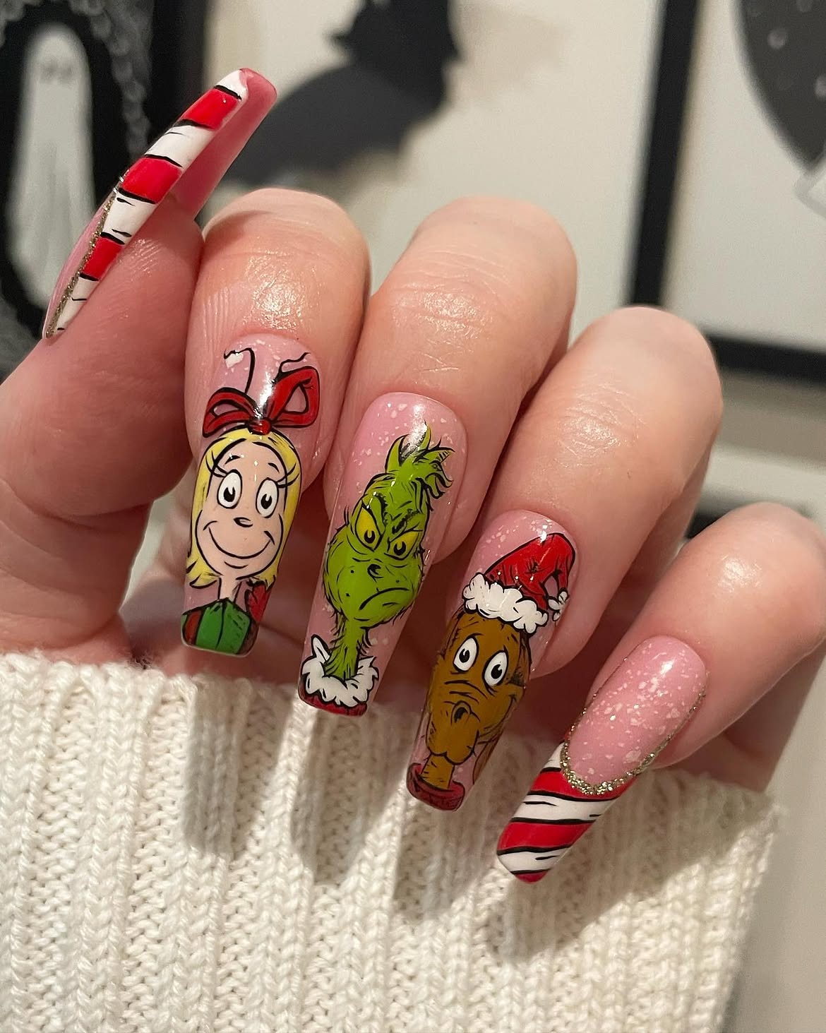 Grinch Character Christmas French Tip Nails