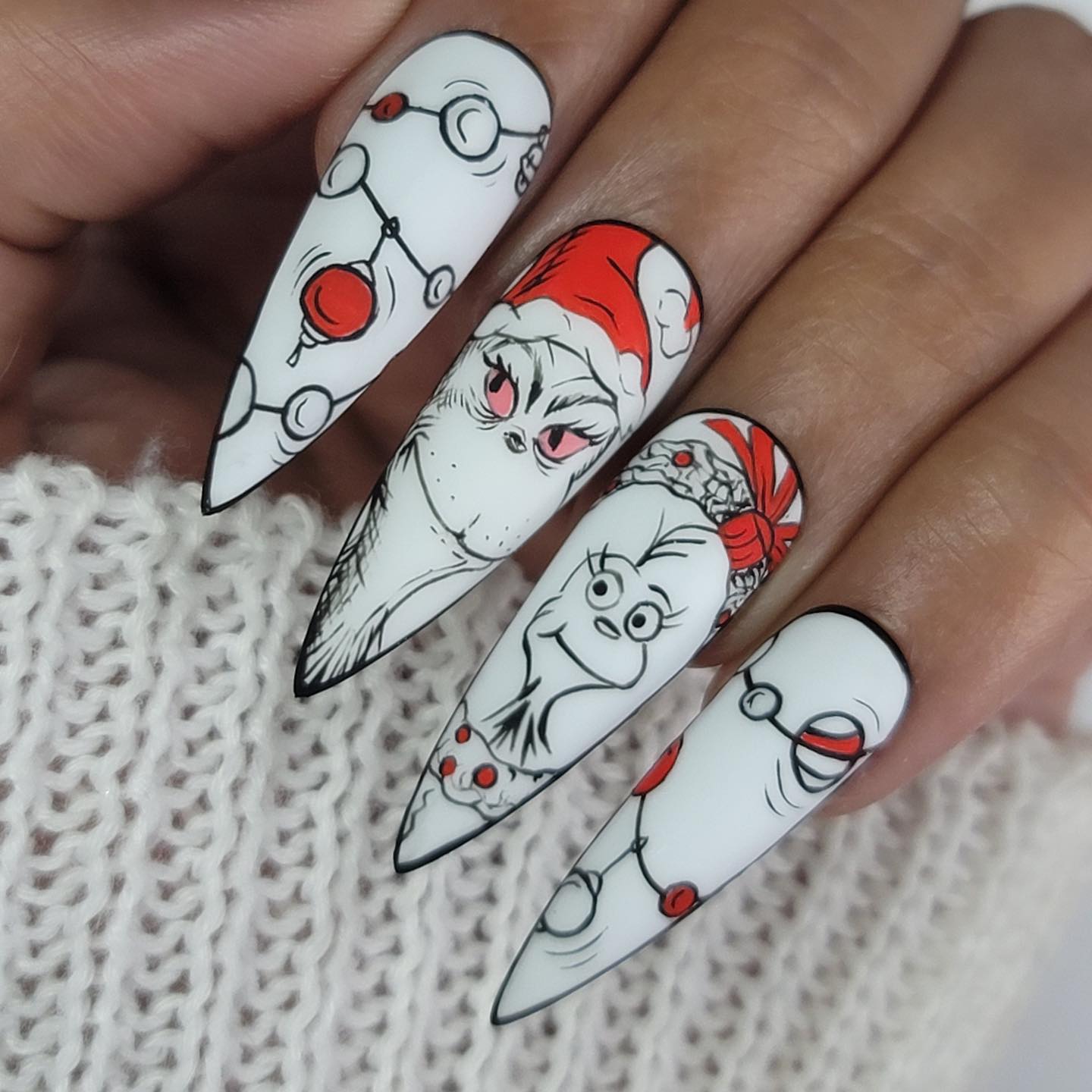 Grinch Character Matte Stiletto Christmas Nails