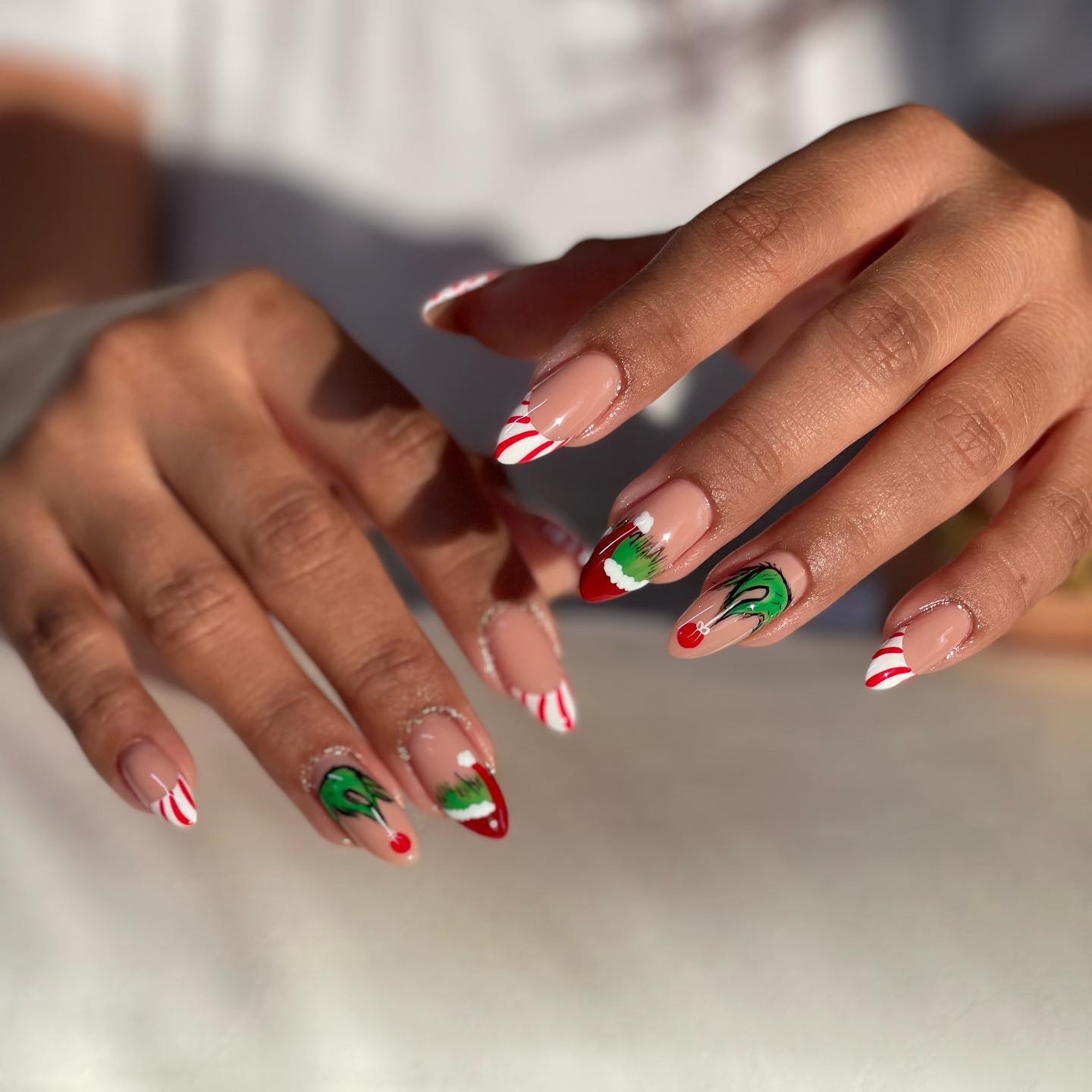 Grinch Christmas Candy Cane French Almond Nails