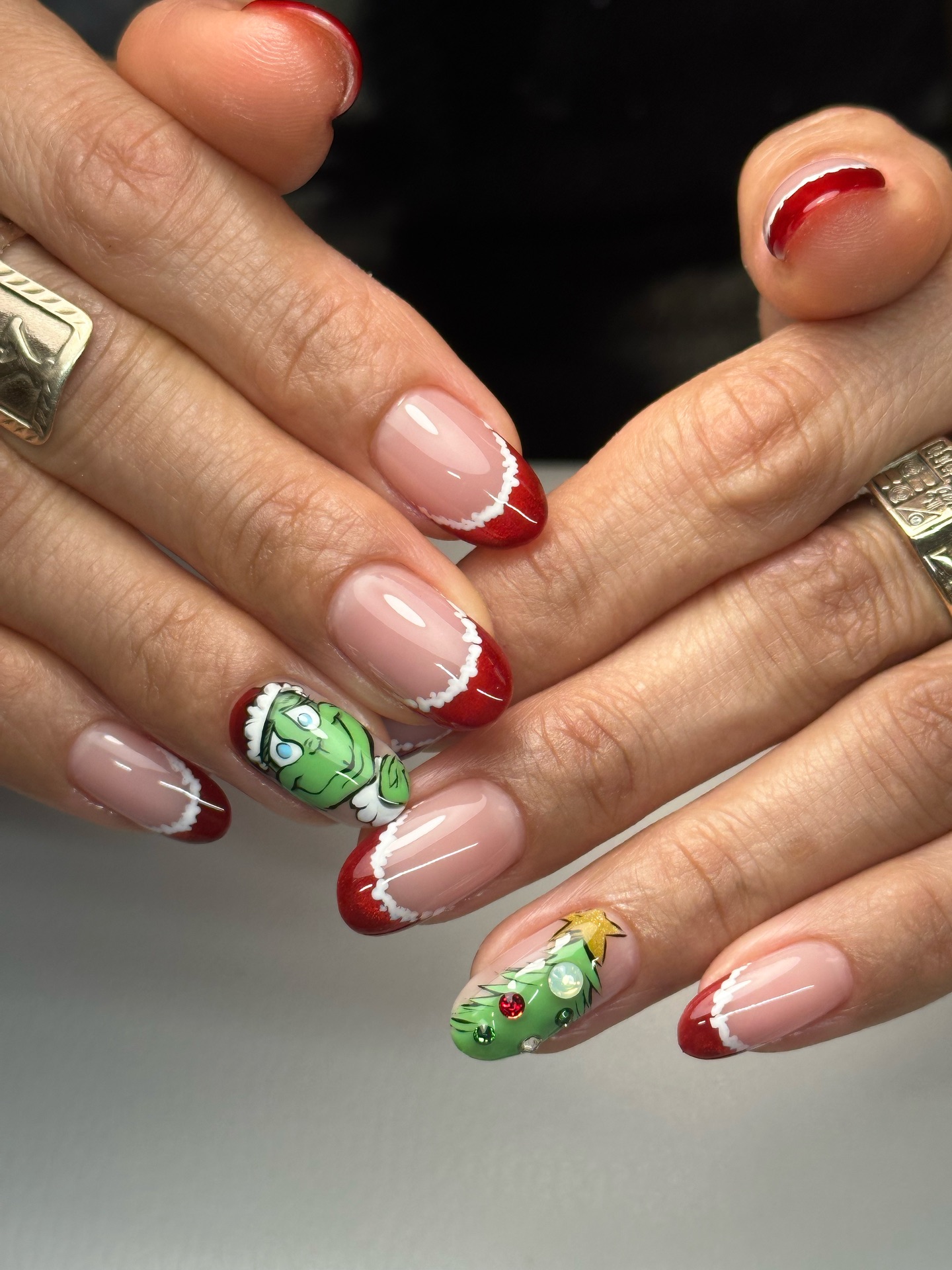 Grinch Christmas French Tip Almond Nails