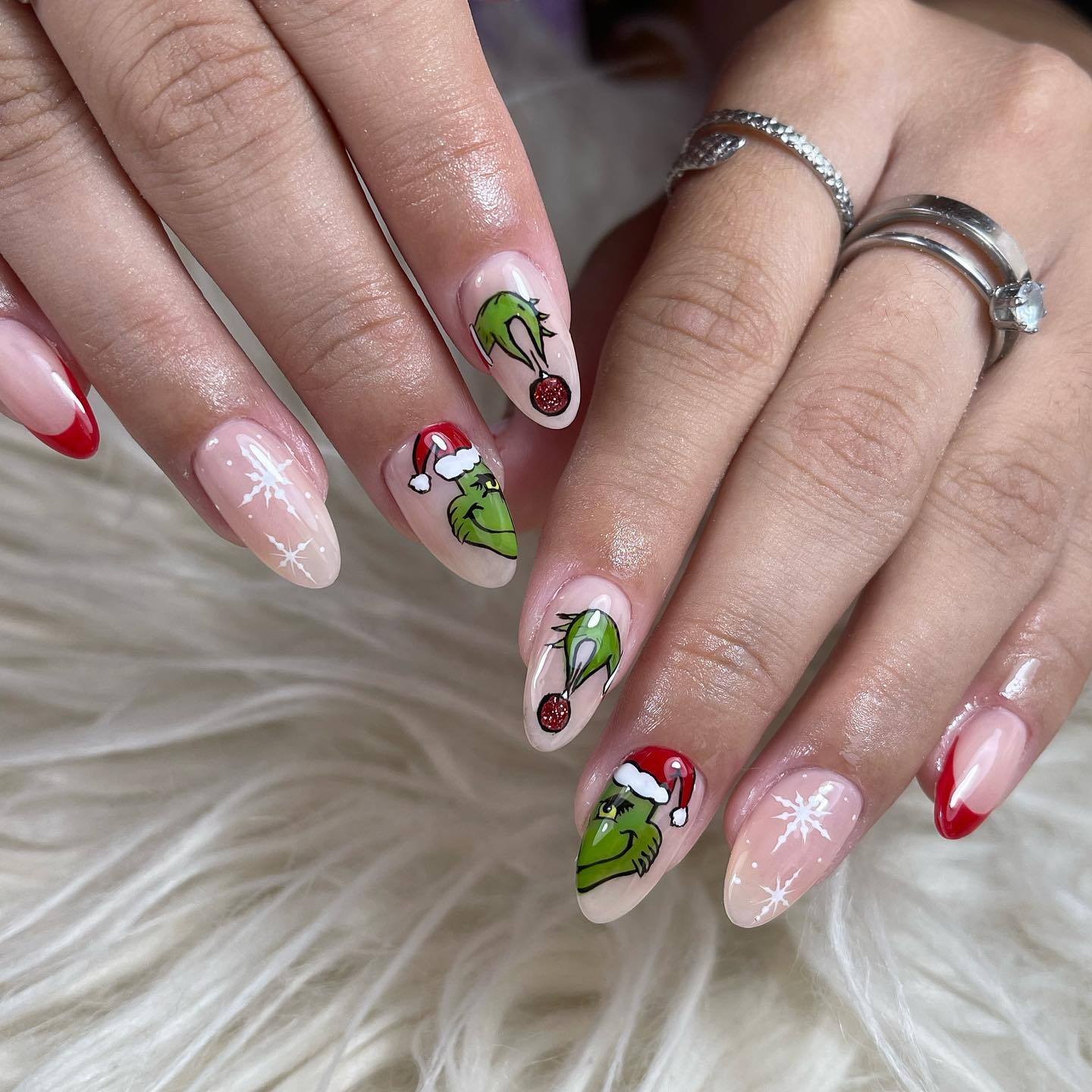 Grinch Christmas French Tip Almond Nails