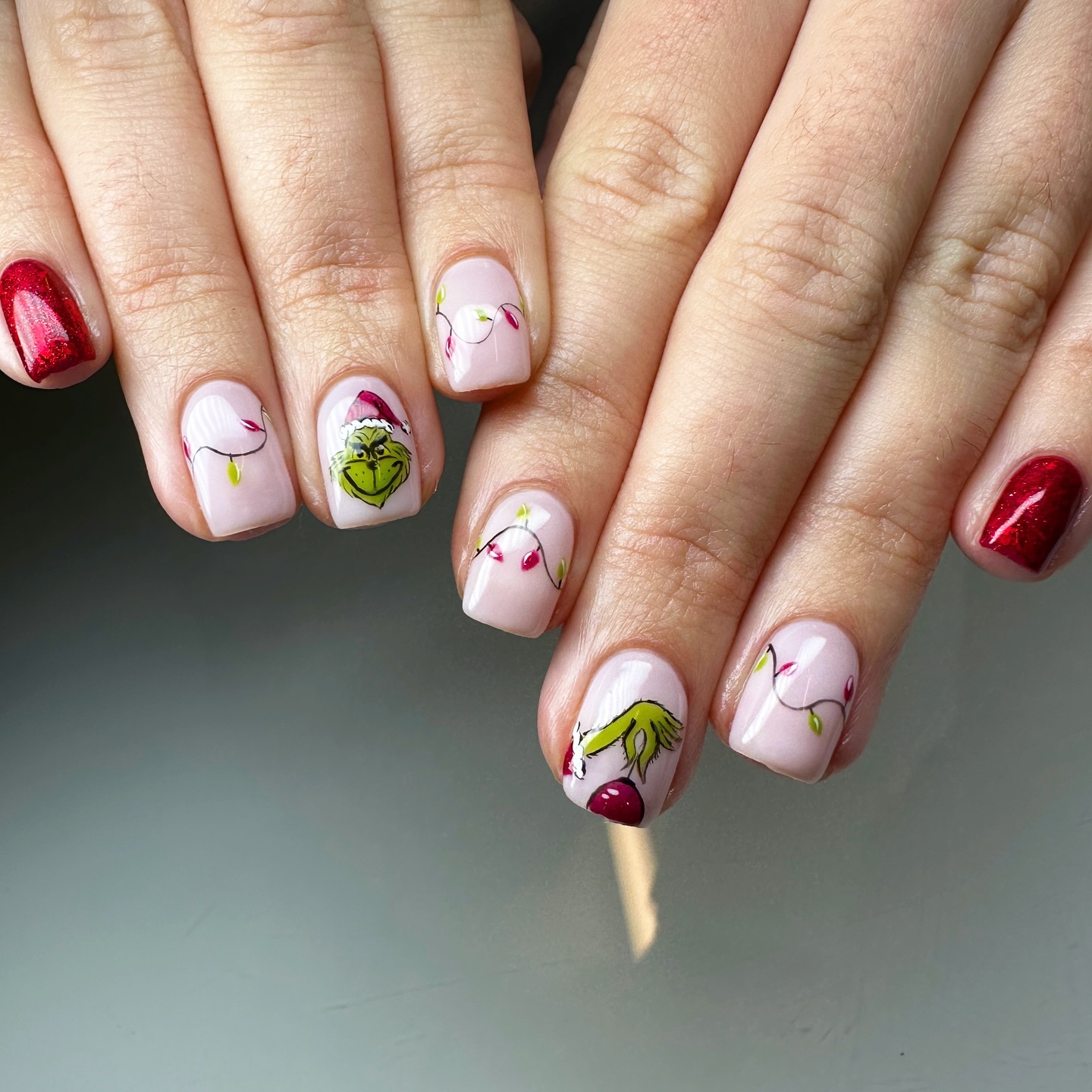 Grinch Christmas Lights Short Square Nails
