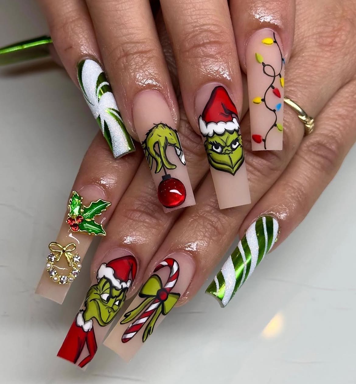 Grinch Holiday Hand Painted Long Square Nails