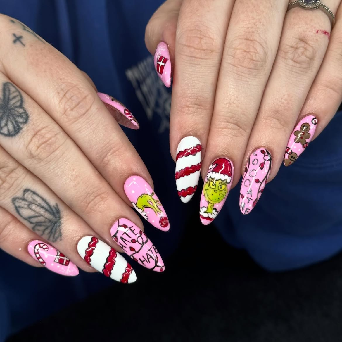 Grinch Holiday Nail Art With Pink And White Bases