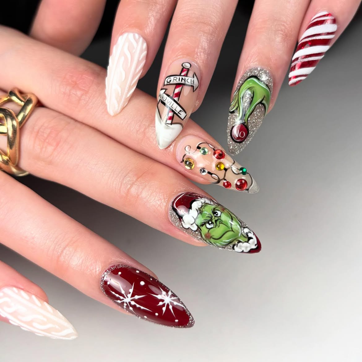 Grinchmas Character Almond Christmas Nails