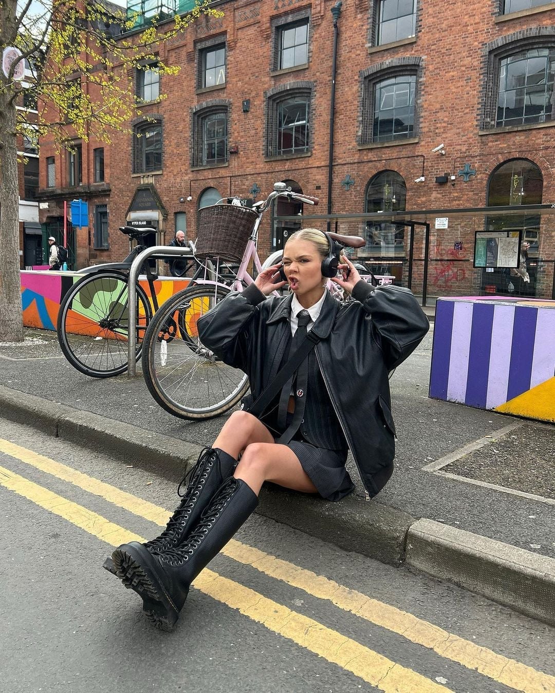 Leather Jacket Pinstripe Vest and Skirt Leather Jacket Pinstripe Vest and Skirt — Grunge Outfits