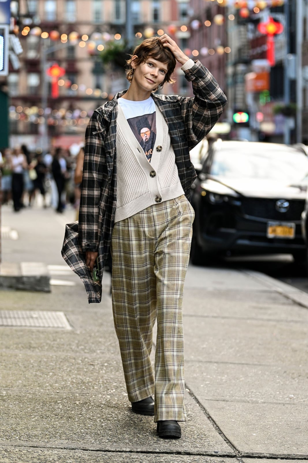 Plaid Shirt Knit Cardigan Wide-Leg Trousers Plaid Shirt Knit Cardigan Wide-Leg Trousers — Grunge Outfits