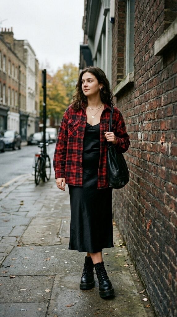 Plaid Flannel Overshirt Slip Dress Combo Plaid Flannel Overshirt Slip Dress Combo — Grunge Outfits