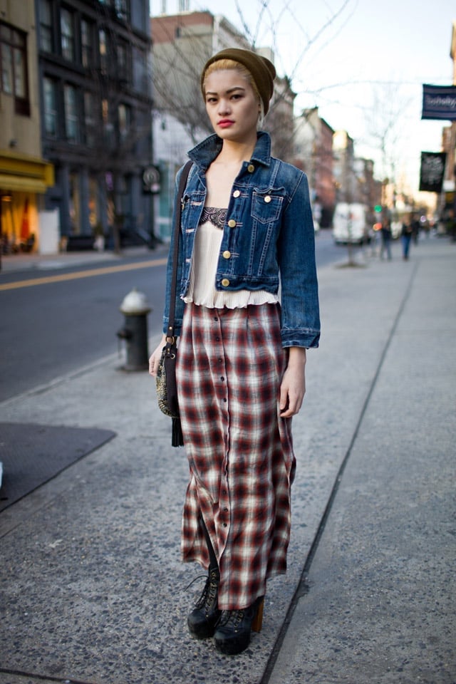 Denim Jacket Plaid Maxi Skirt Denim Jacket Plaid Maxi Skirt — Grunge Outfits