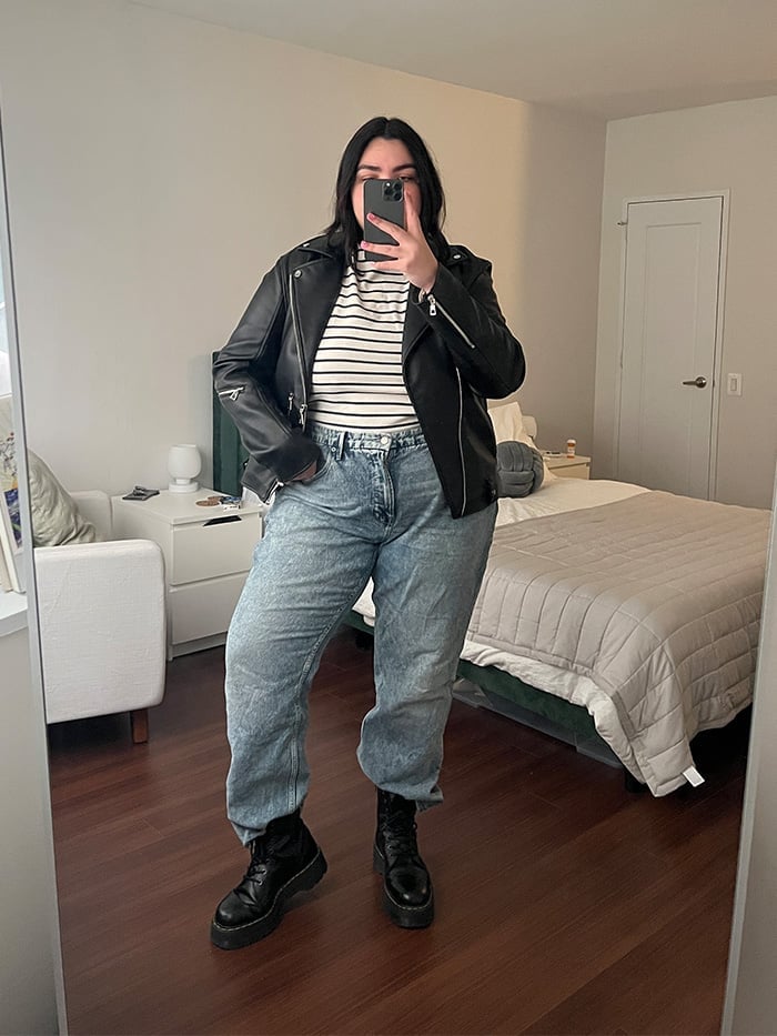 Striped Shirt Faux Leather Jacket Denim, Black Chunky Boots Striped Shirt Faux Leather Jacket Denim, Black Chunky Boots — Grunge Outfits